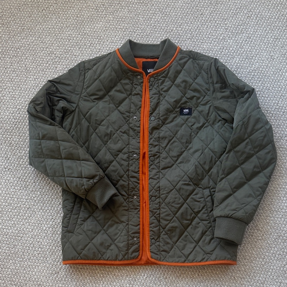Vans Olive Quilted Jacket with Orange Accents (XS mens, fits like a M womens)